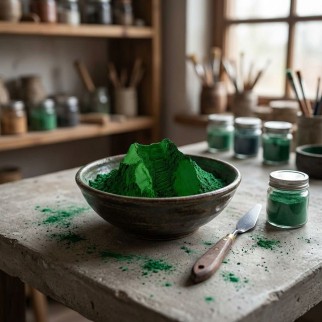 Pigment vert malachite iBéton® pour béton ciré en sachet sur une tablette vert émeraude, avec bol de poudre et outils décoratifs