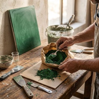Pigment vert malachite iBéton pour béton ciré en préparation: poudre verte éclatante laissée sur le papier et prêt à être mélang