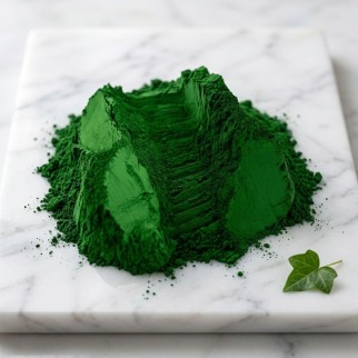 Pigment vert malachite iBéton® pour béton ciré: tas de poudre verte malachite sur une surface blanche, avec une petite feuille d