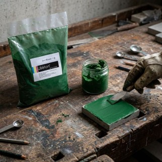 Pigment vert malachite iBéton® pour béton ciré, posé sur support gris avec pinceau et pot de couleur vert foncé à côté.