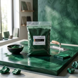 Pigment vert malachite iBéton® pour béton ciré en sachet sur une tablette vert émeraude, avec bol de poudre et outils décoratifs