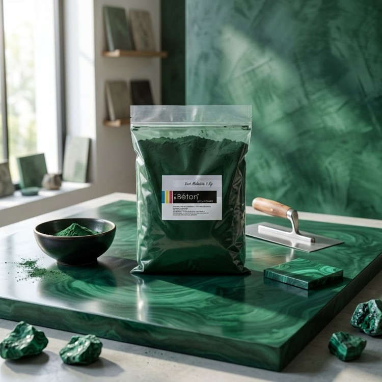 Pigment vert malachite iBéton® pour béton ciré en sachet sur une tablette vert émeraude, avec bol de poudre et outils décoratifs