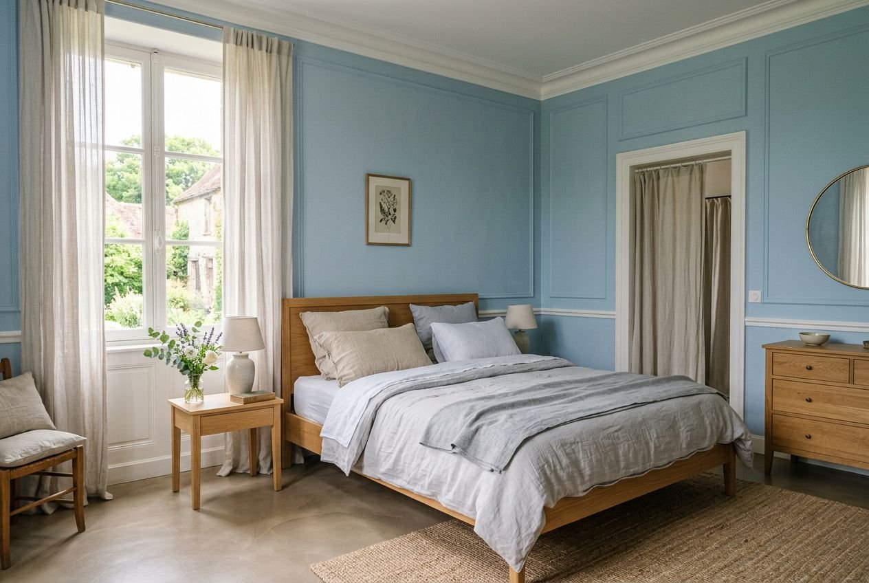 Chambre lumineuse avec murs bleu doux et mobilier en bois: lit double, tables de chevet, commode et miroir rond; ambiance calme et apaisante. association couleur peinture bleu.