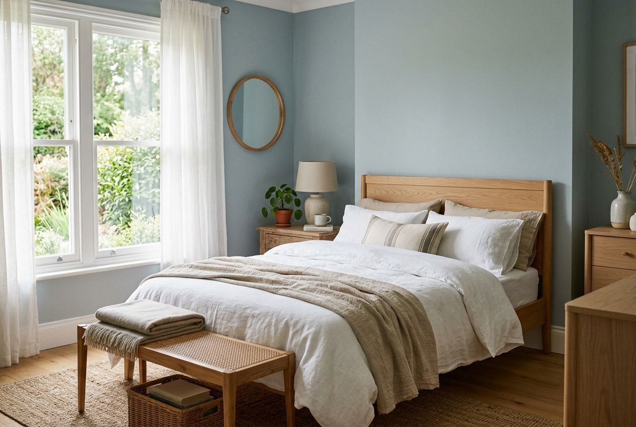Chambre lumineuse aux murs bleu gris, lit en bois avec couette blanche et coussins, table de chevet et lampe; tapis et banc en bois près du lit. intégré: couleur peinture maison intérieur.