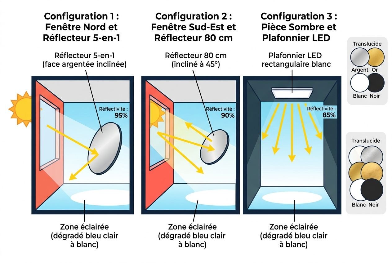Configurations illustrées: réfléchisseur de lumière orienté vers une fenêtre, puis éclairage par réflecteur de 80 cm et enfin pièce sombre avec plafonnier LED et zone éclairée. Inclinaison et performances reflectives indiquées.
