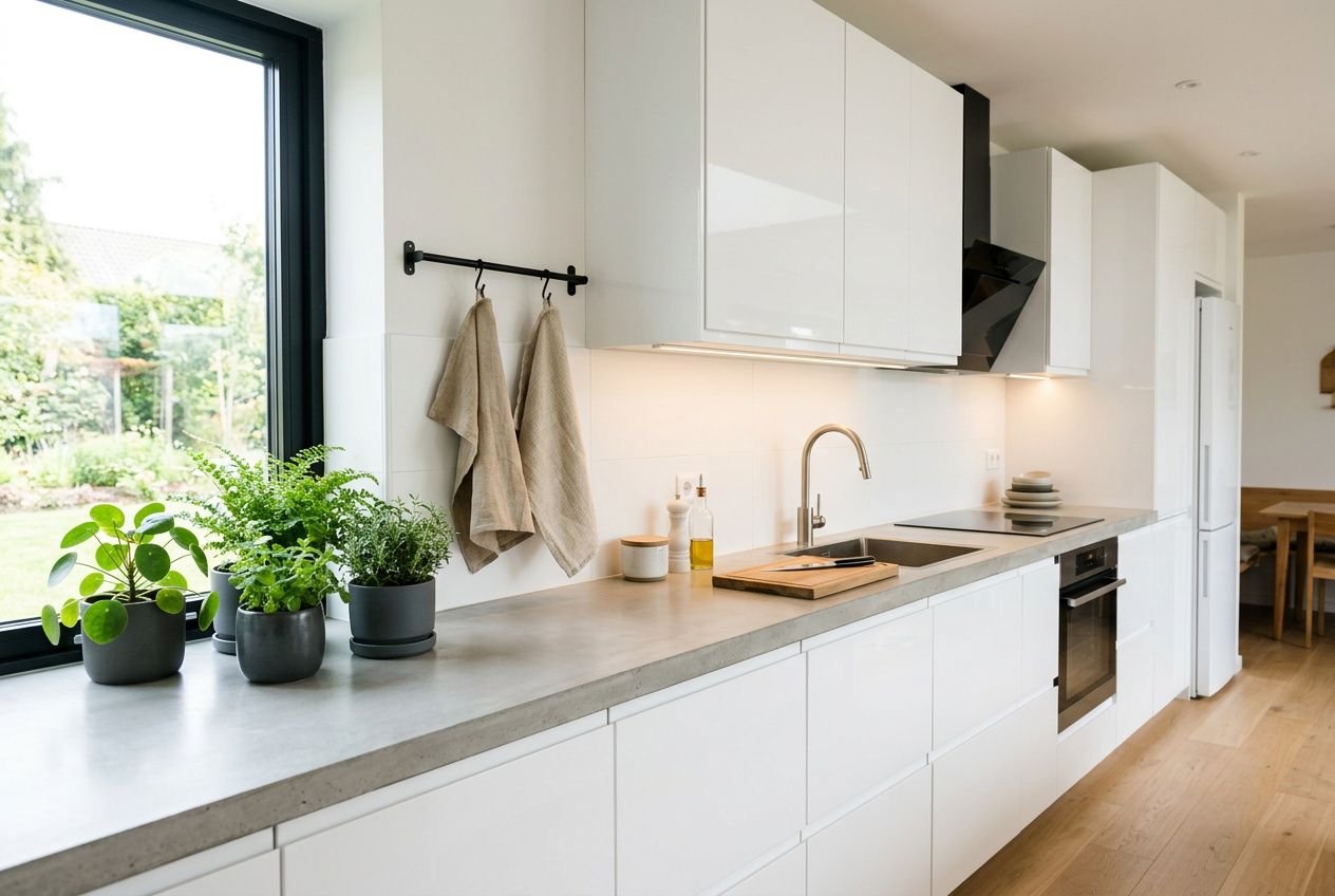 Cuisine blanche moderne avec plan de travail gris et rangements lumineux; plantes en pot près de la fenêtre et évier au centre. couleur mur cuisine blanche harmonieuse avec touches naturelles.