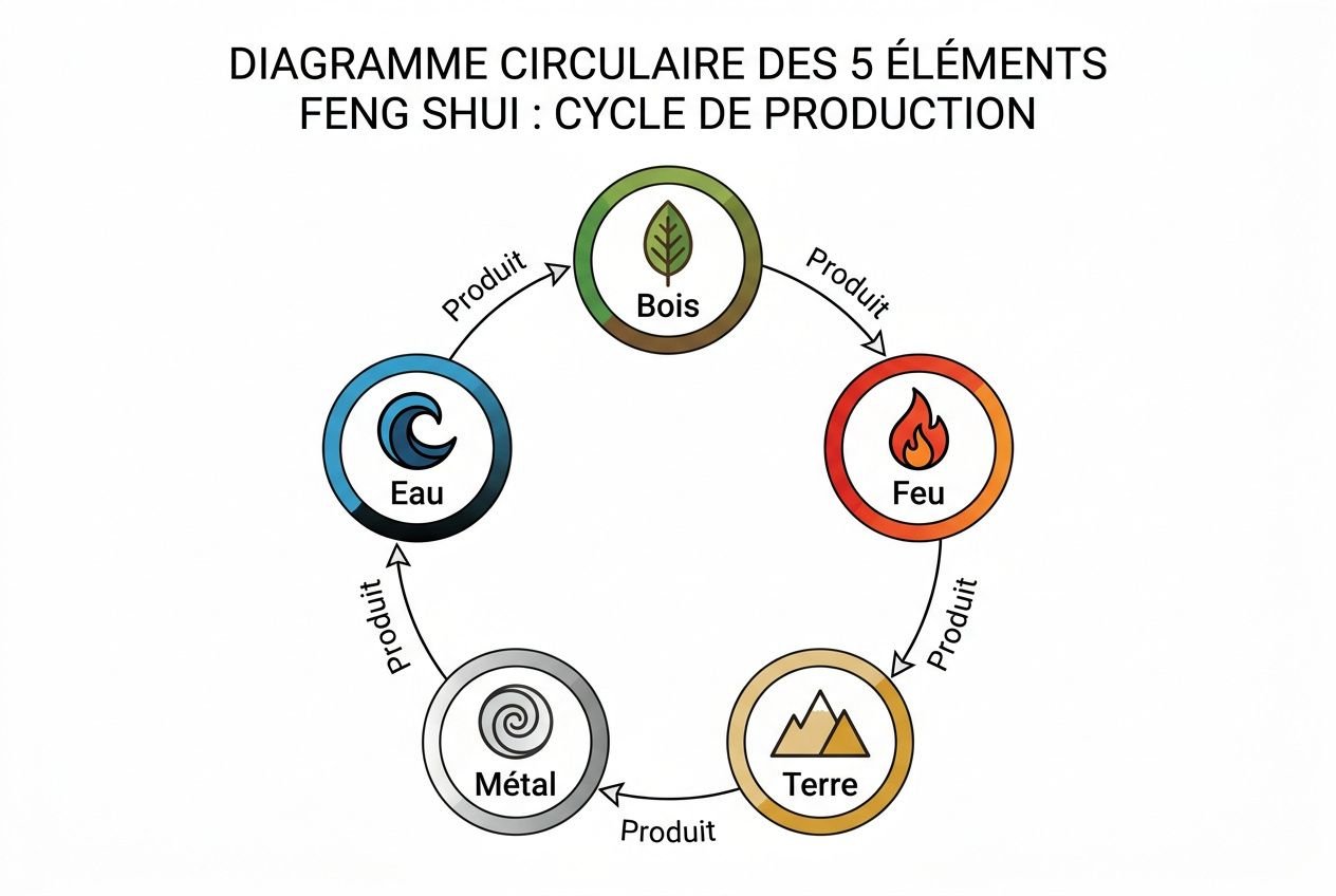 Diagramme circulaire des 5 éléments feng shui en cycle de production, avec Bois, Feu, Terre, Métal et Eau.