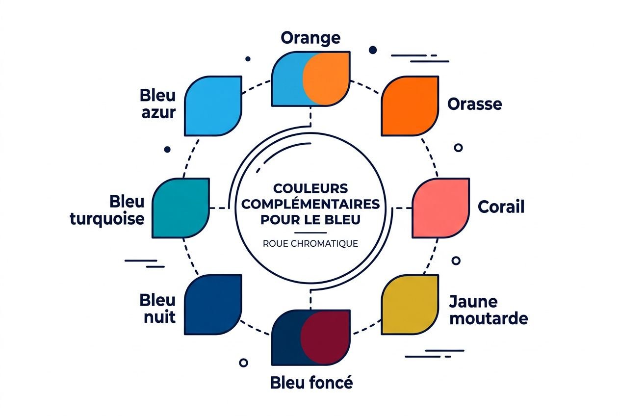 Diagramme circulaire des associations couleur peinture bleu: nuances bleu azur, turquoise, nuit, bleu foncé entourant les couleurs complémentaires pour le bleu. حول