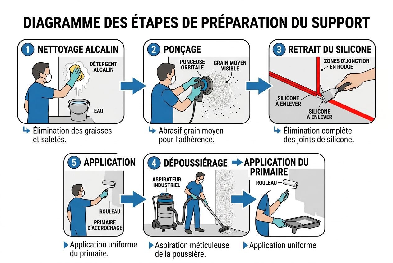 Diagramme des étapes de préparation du support pour béton ciré: nettoyage, ponçage, retrait du silicone, dépoussiérage et application du primaire.