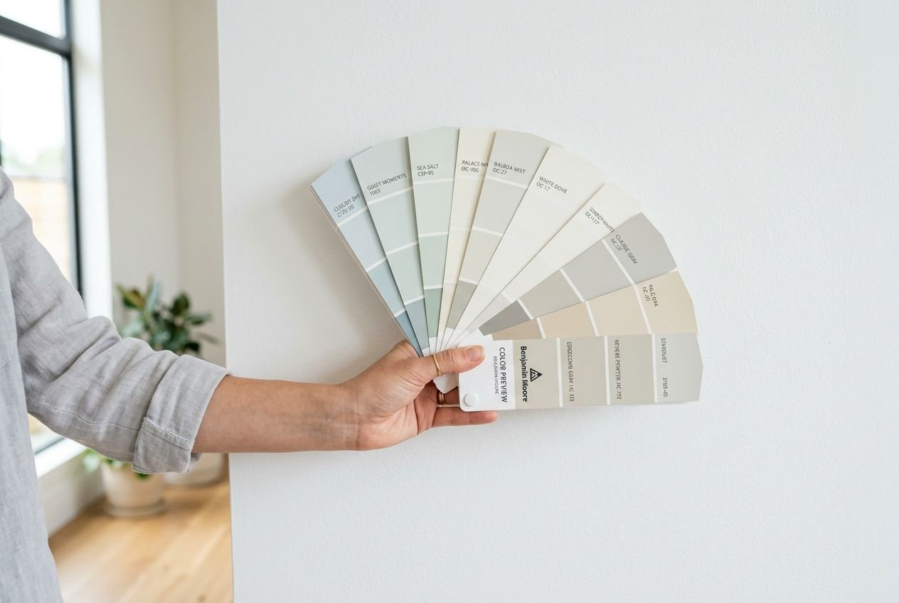 Échantillon de nuanciers de couleur peinture maison intérieur tenu contre un mur, proposal de tons neutres et pastel.