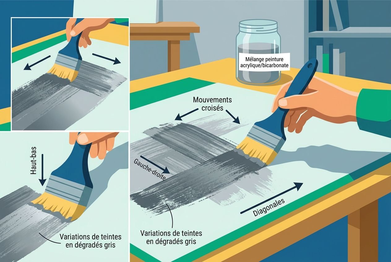 Est-il possible de peindre du béton ciré ? Guide illustré montrant l’application d’une peinture acrylique sur une surface traitée, avec gestes, variations de teintes et diagonales pour un effet béton ciré.