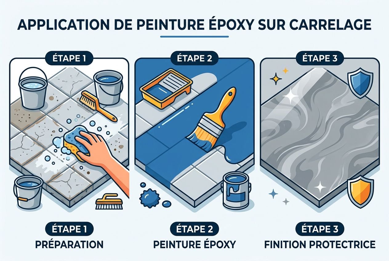 Illustration explicative sur l’application d’époxy sur carrelage en trois étapes: préparation, peinture époxy, finition protectrice, avec outils et seaux. Qu'est-ce qui peut remplacer le béton ciré est mis en contexte par les alternatives époxy, tadelakt et peinture.