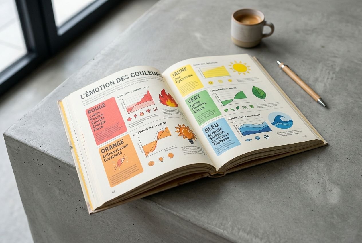 Livre d’initiation à la psychologie des couleurs, ouvert sur une page conceptuelle illustrant émotions et palettes colorées.