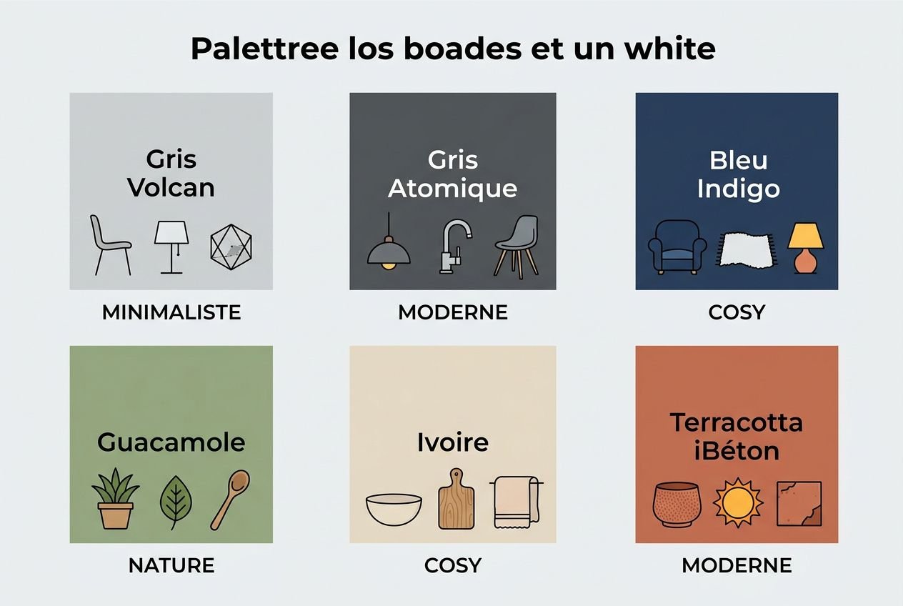 Palette couleur mur cuisine blanche avec échantillons couleurs: gris volcan, gris atomique, bleu indigo, guacamole, ivoire et terracotta ibeton.