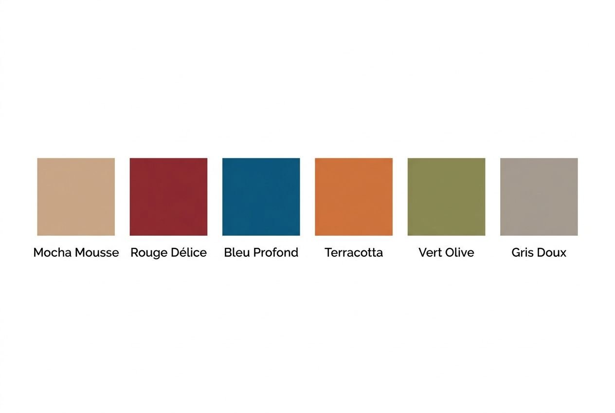 Palette de peintures: Mocha Mousse, Rouge Délice, Bleu Profond, Terracotta, Vert Olive et Gris Doux. couleur pour un salon moderne.