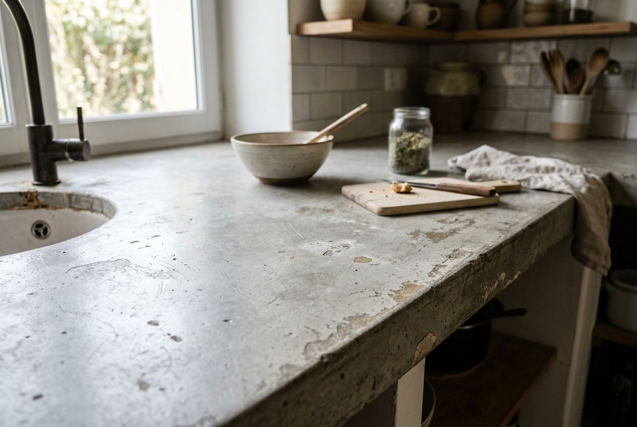 Plan de travail en béton ciré usé dans une cuisine lumineuse, avec bol, planche et bocaux. est-il possible de peindre du béton ciré intégré naturellement.