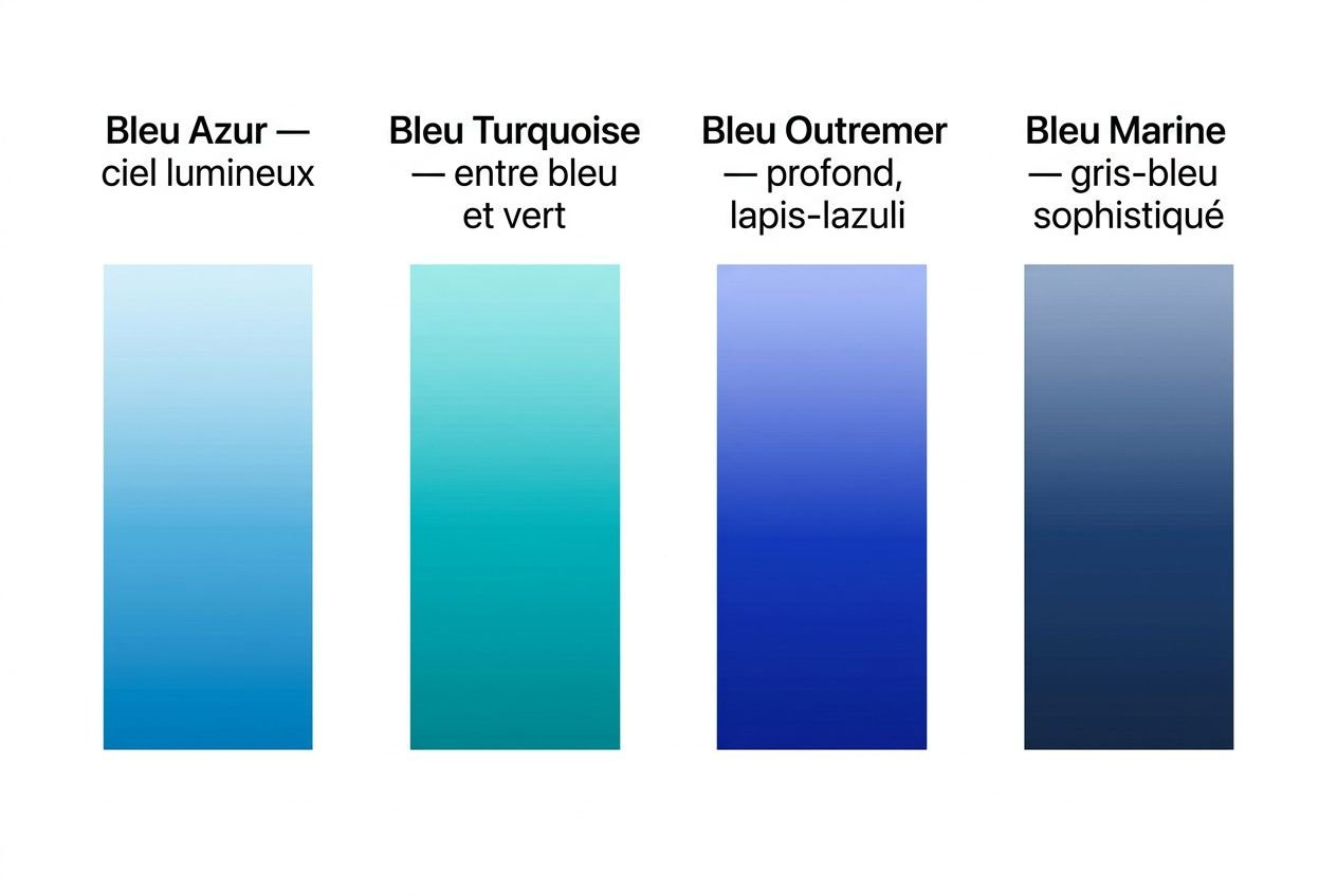 Quatre dégradés de bleu affichés: Bleu Azur, ciel lumineux, Bleu Turquoise, entre bleu et vert, Bleu Outremer, profond lapis-lazuli, Bleu Marine, gris-bleu sophistiqué.