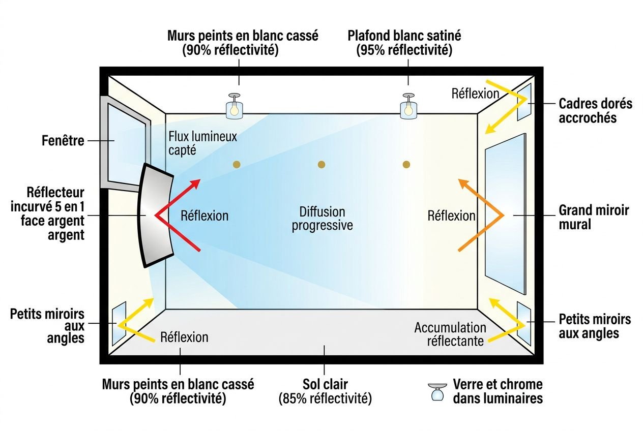 Réflecteur de lumière pour pièce sombre: schéma indiquant les flux lumineux et les réflexions dans une pièce avec murs blancs et miroirs, pour optimiser l’éclairage naturel.