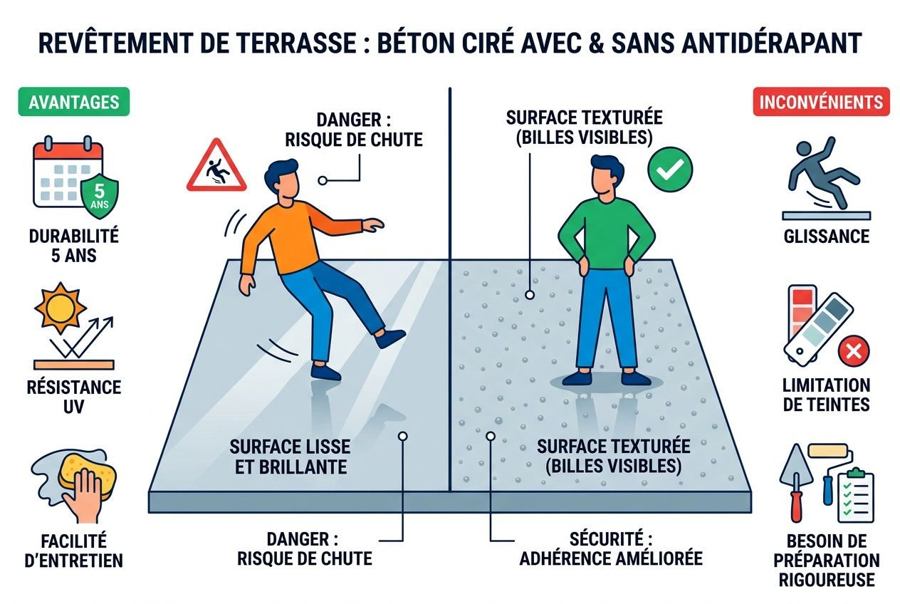 Relief de terrasse en béton ciré avec et sans antidérapant, montrant surface lisse et surface texturée, risques de chute et sécurité améliorée autour des zones.
