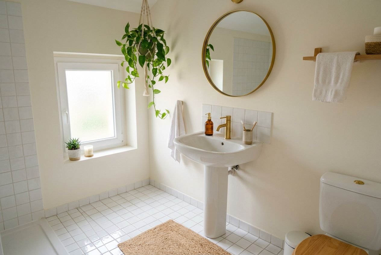 Salle de bain lumineuse et compacte avec lavabo sur pied, miroir rond et plantes suspendues; carrelage blanc et tons neutres renforcent l’impression d’espace, couleur salle de bain petite.