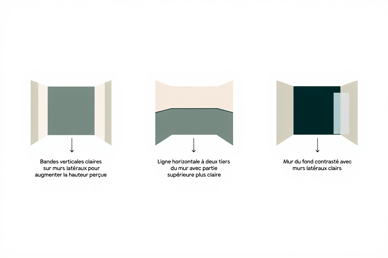 Schéma montrant des conseils pour une couleur salle de bain petite : murs clairs, lignes horizontales et contre-marques pour agrandir visuellement l’espace.