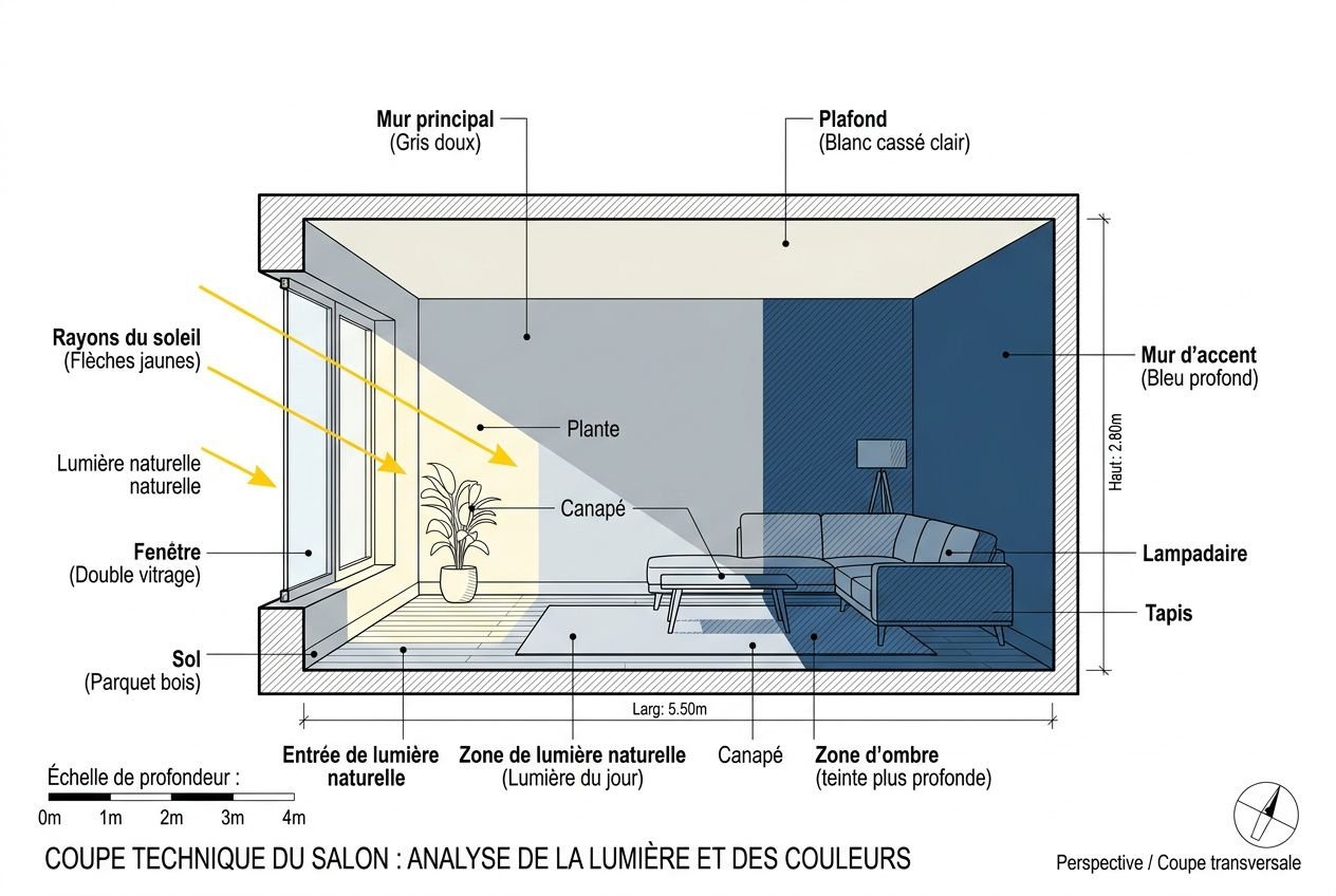 Schéma technique d’un salon montrant l’analyse de la lumière et des couleurs, avec murs gris doux et bleu profond, plafond clair et zones d’ombre.