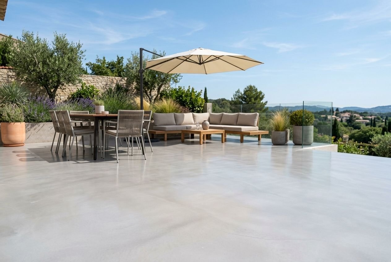 Terrasse extérieure moderne avec sol lisse en béton ciré clair, mobilier extérieur et parasol, vue panoramique sur le paysage. peinture béton ciré extérieur intégrée.