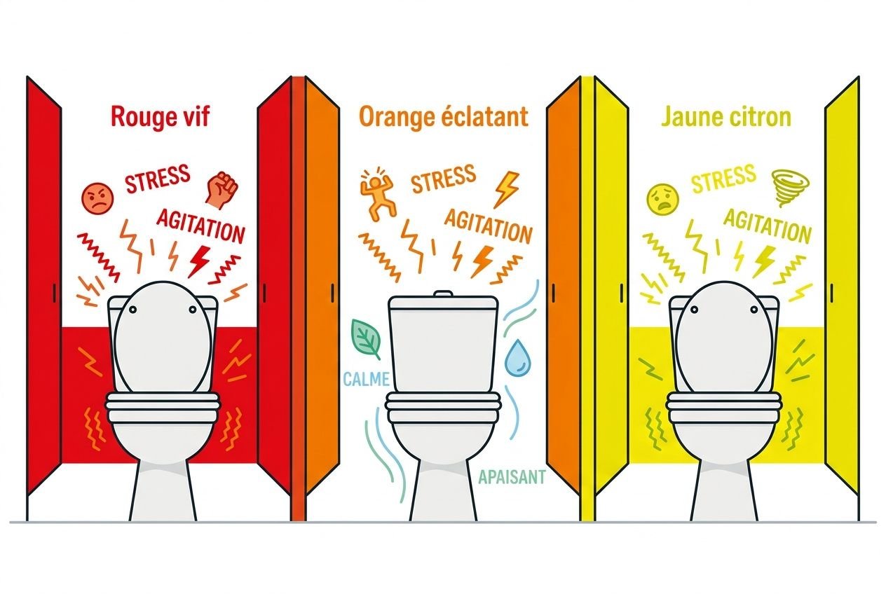 Trois toilettes séparées par des cloisons colorées: rouge intense à gauche, orange apaisant au centre, jaune clair à droite, avec des annotations sur le stress et les effets des couleurs dans une salle de bain. Couleur déconseillée pour une salle de bain est évoquée par ces teintes vives et saturées.